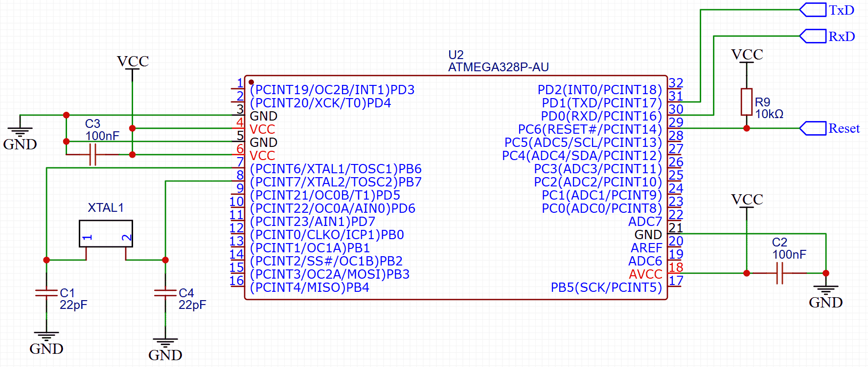schematic of ATmega328p and essential peripherals