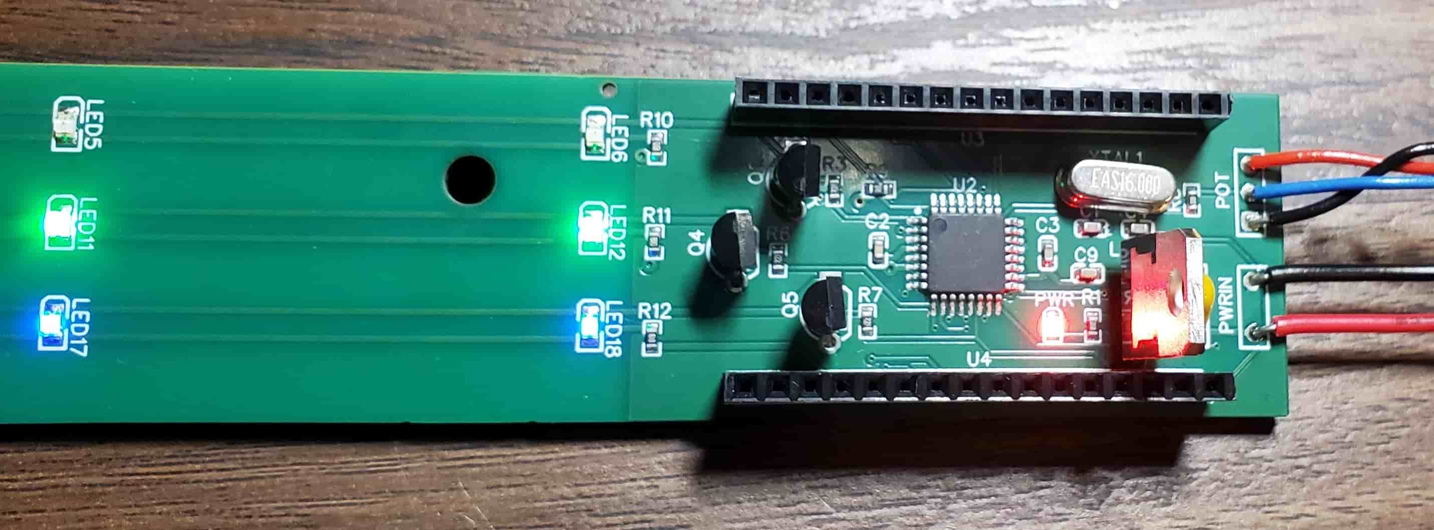 closeup of powered on rgb exit light pcb